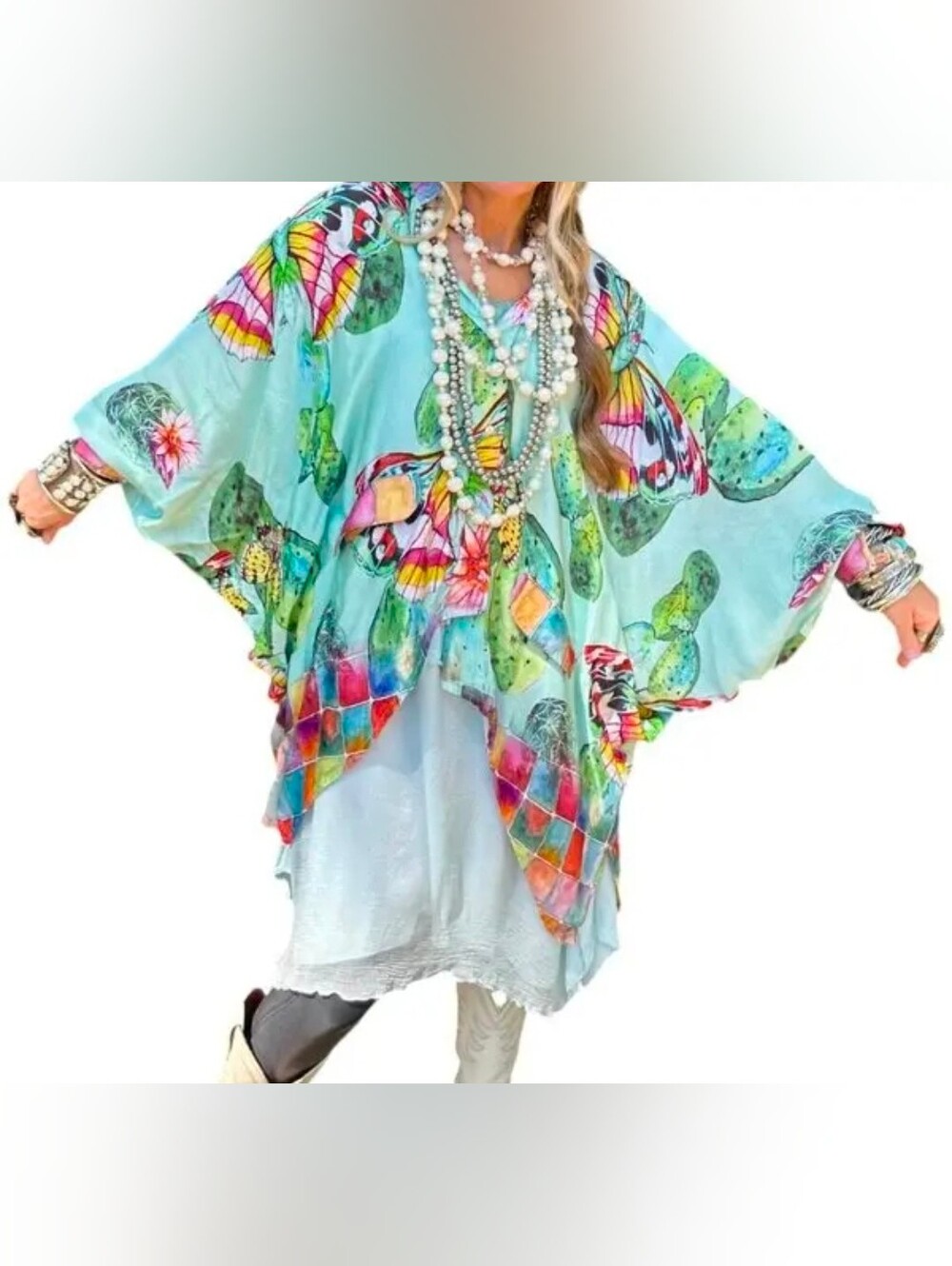 A Rare Bird Butterfly And Cactus Watercolor Boho Floral  Light Blue Tunic Top